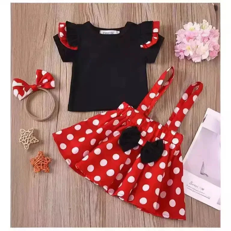 Minnie Mouse Girl Suit Children's Dress Baby Clothes Set Summer Birthday Costume Polka Dot Sundress Bow Headband Skirt Set - Evallys.com