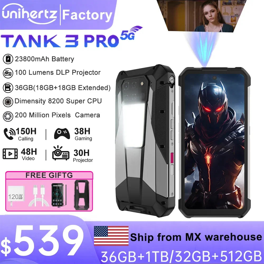 Unihertz Tank 3 Pro 8849 Projector Smartphone Android 14 5G Phone, 32GB 512GB, 200MP Camera, Dimensity 8200, IP68, Bluetooth 5.3 - Evallys.com