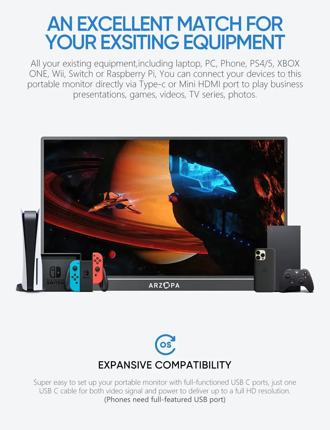ARZOPA Portable Monitor 17.3'' 1080P HDR IPS Kickstand Speakers for PC Mac Phone Xbox Switch PS HDMI USB External Laptop Screen - Evallys.com