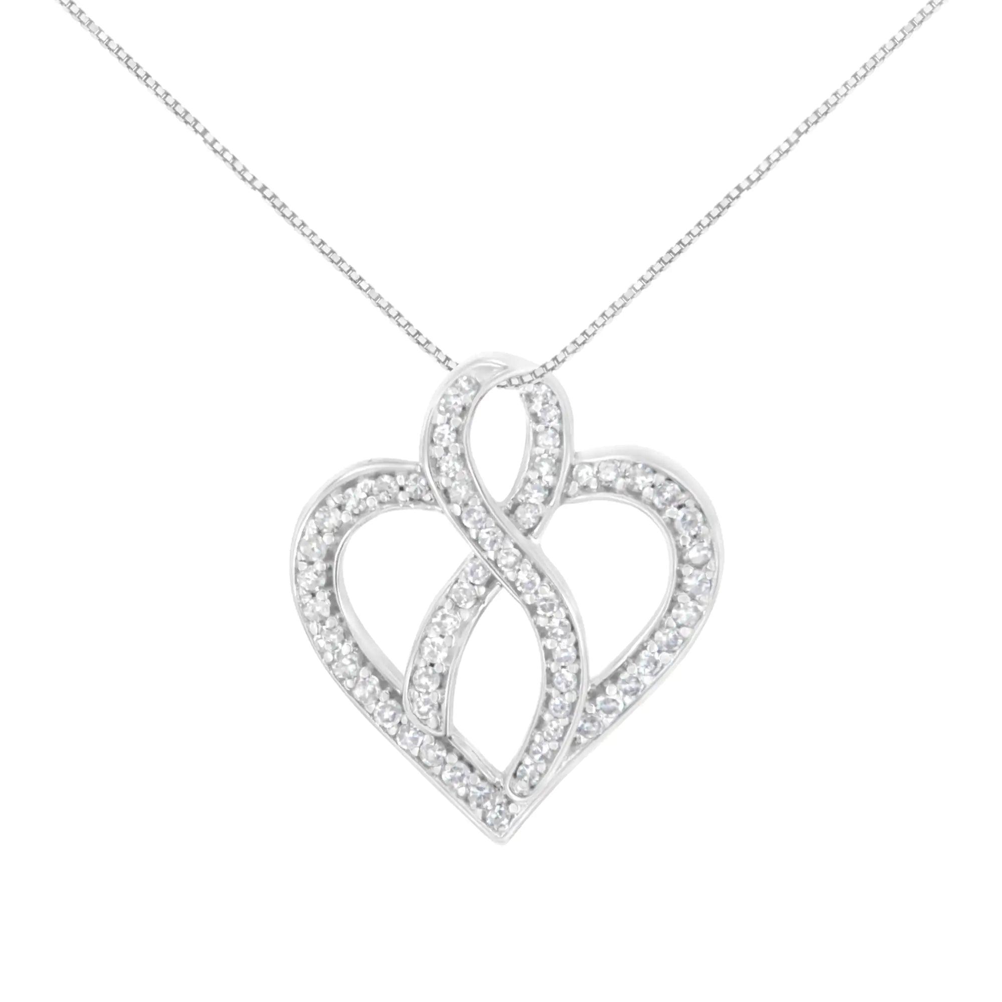 14K White Gold 1/4 cttw Round Cut Diamond Heart and Ribbon Center Pendant Necklace (H-I, I1-I2) - Evallys.com # #