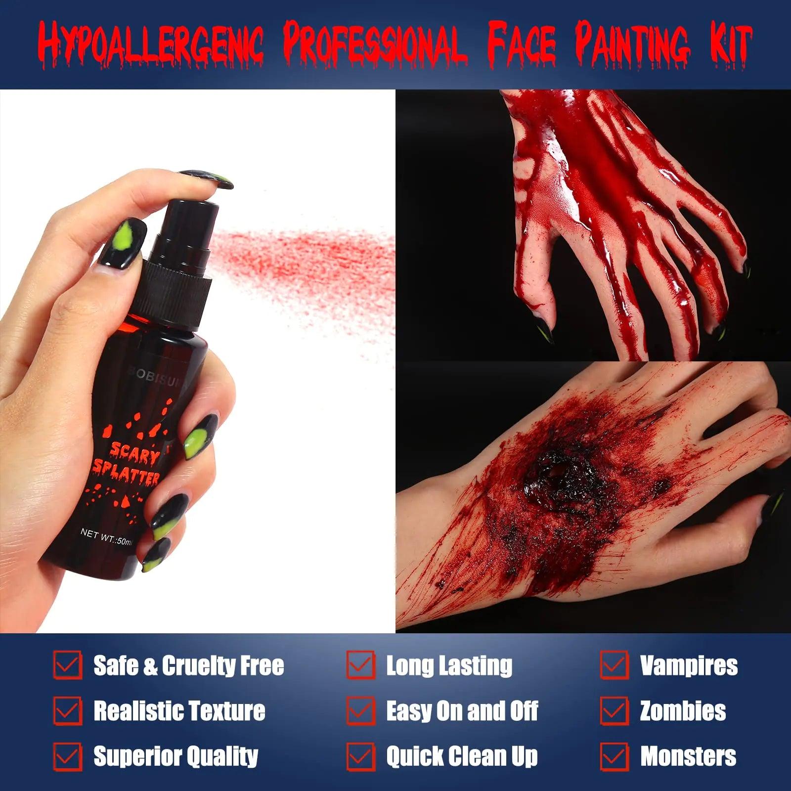 BOBISUKA 3PCS Halloween Fake Blood Makeup Kit - Coagulated Blood 1.41oz + Fake Blood Spray 1.76oz + Dripping Blood 1.76oz, Realistic Washable Special Effects SFX Makeup Set, for Zombie Vampire Monster - Evallys.com # #