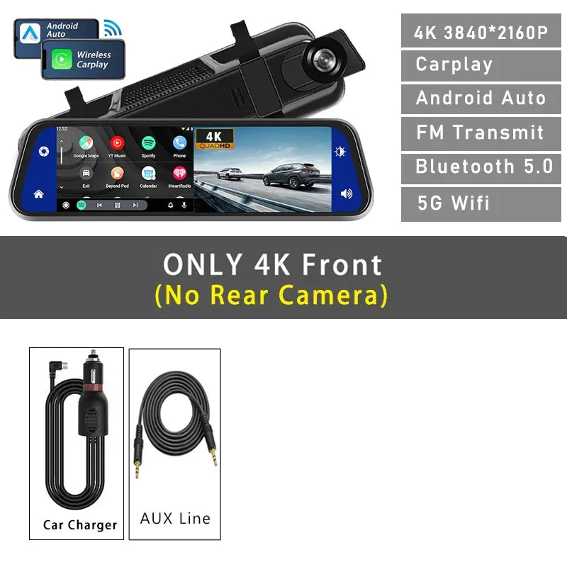 10" Dash Cam 4K 3840*2160P Car Dvr Carplay Android Auto GPS 5G WIFI AUX Stream RearView Mirror Dashcam Camera Drive Recorder FM - Evallys.com