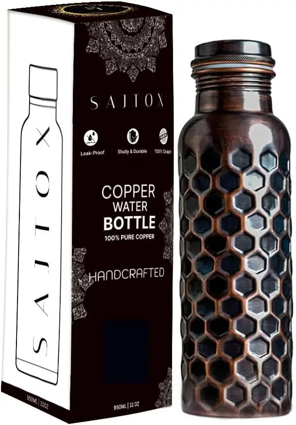 Pure Copper Water Bottle 32oz Antique Black with Lid for Hiking, Camping, Home, Office, Gym, Travel