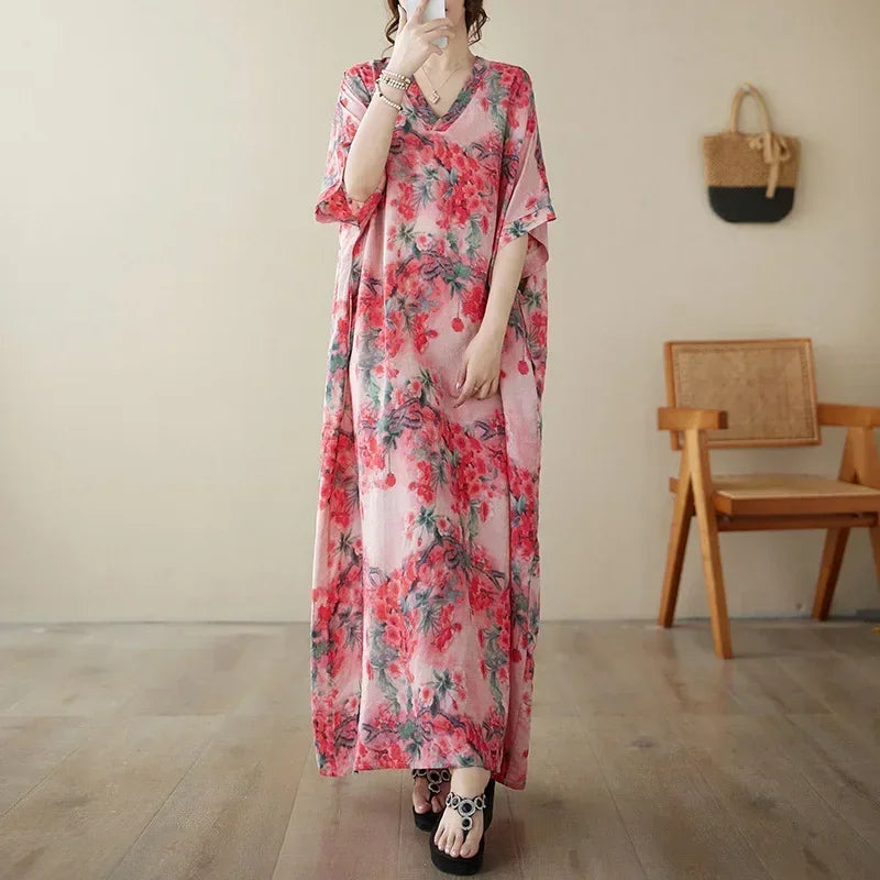 Vintage Cotton Summer Maxi Dress – Harajuku Floral Beachwear - Evallys.com