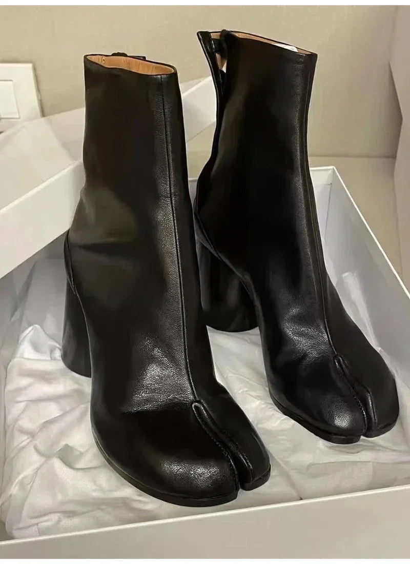 2024 Autumn Winter Soft Leather Split toe Tabi Women Ankle Boots Fashion Thick High heels Chunky Shoes Ins Style Short Booties - Evallys.com