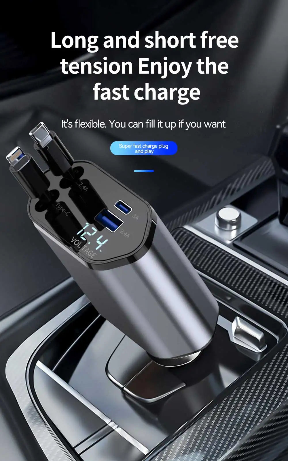 120W 4 in 1 Car Charger Retractable Car Cigarette Lighter Adapter USB Type C Fast Charger Cable For IPhone Xiaomi Huawei Samsung