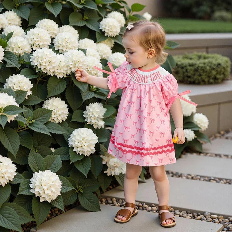 Toddler Girl Birthday Dress with Puff Sleeves and Embroidered Letters Smocked Summer Party Dress for Baby Girls - Evallys.com
