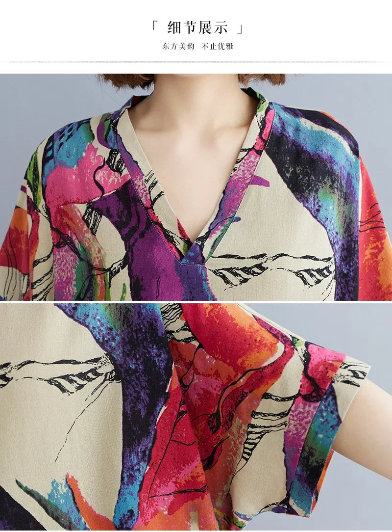 Vintage Floral Cotton Linen Maxi Dress – Oversized Boho Summer Wear - Evallys.com