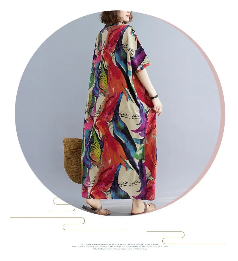 Vintage Floral Cotton Linen Maxi Dress – Oversized Boho Summer Wear - Evallys.com