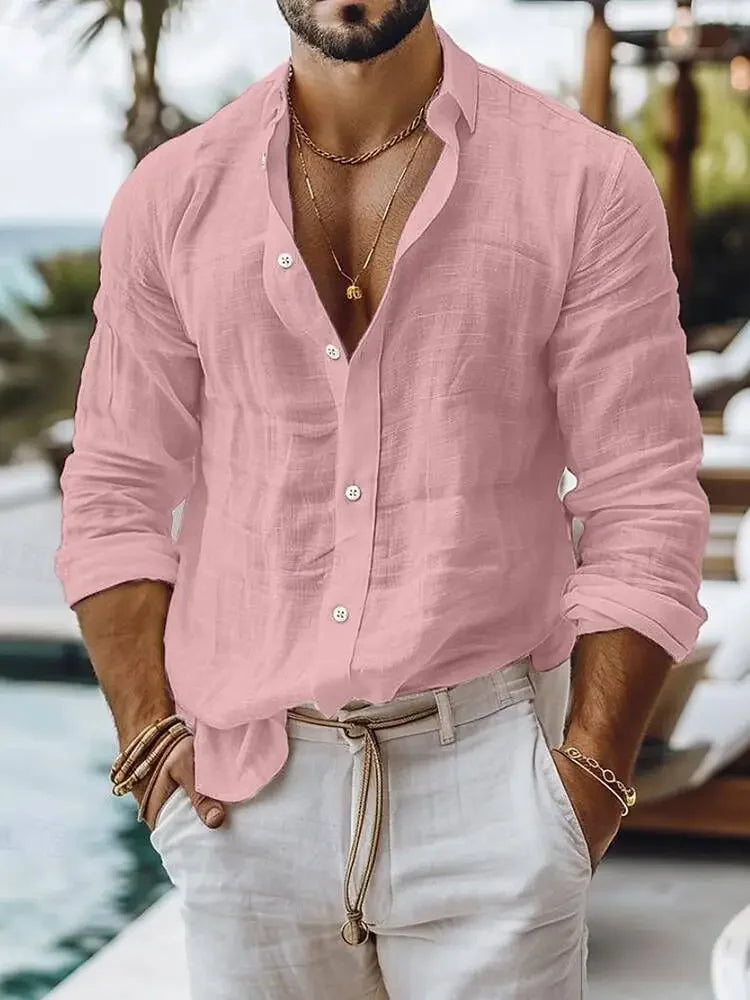 Casual Breathable Loose Cotton Linen Shirt Mens Spring Autumn Leisure Solid Color Cardigan Tops Men Vintage Button Lapel Shirts - Evallys.com