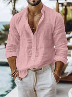 Casual Breathable Loose Cotton Linen Shirt Mens Spring Autumn Leisure Solid Color Cardigan Tops Men Vintage Button Lapel Shirts - Evallys.com
