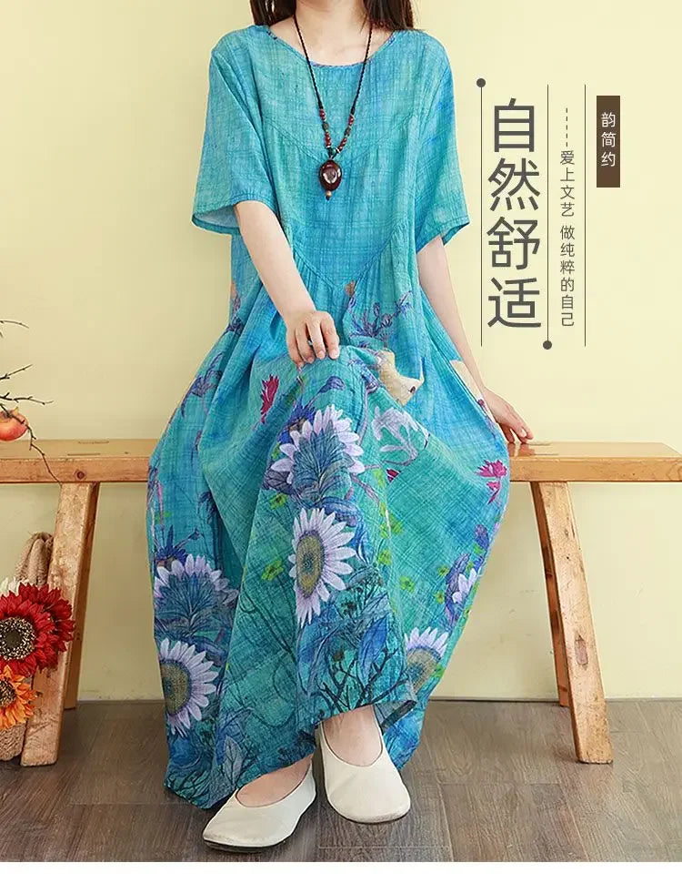Retro Cotton Linen Dress – Summer Print Loose Long Maxi Dress - Evallys.com