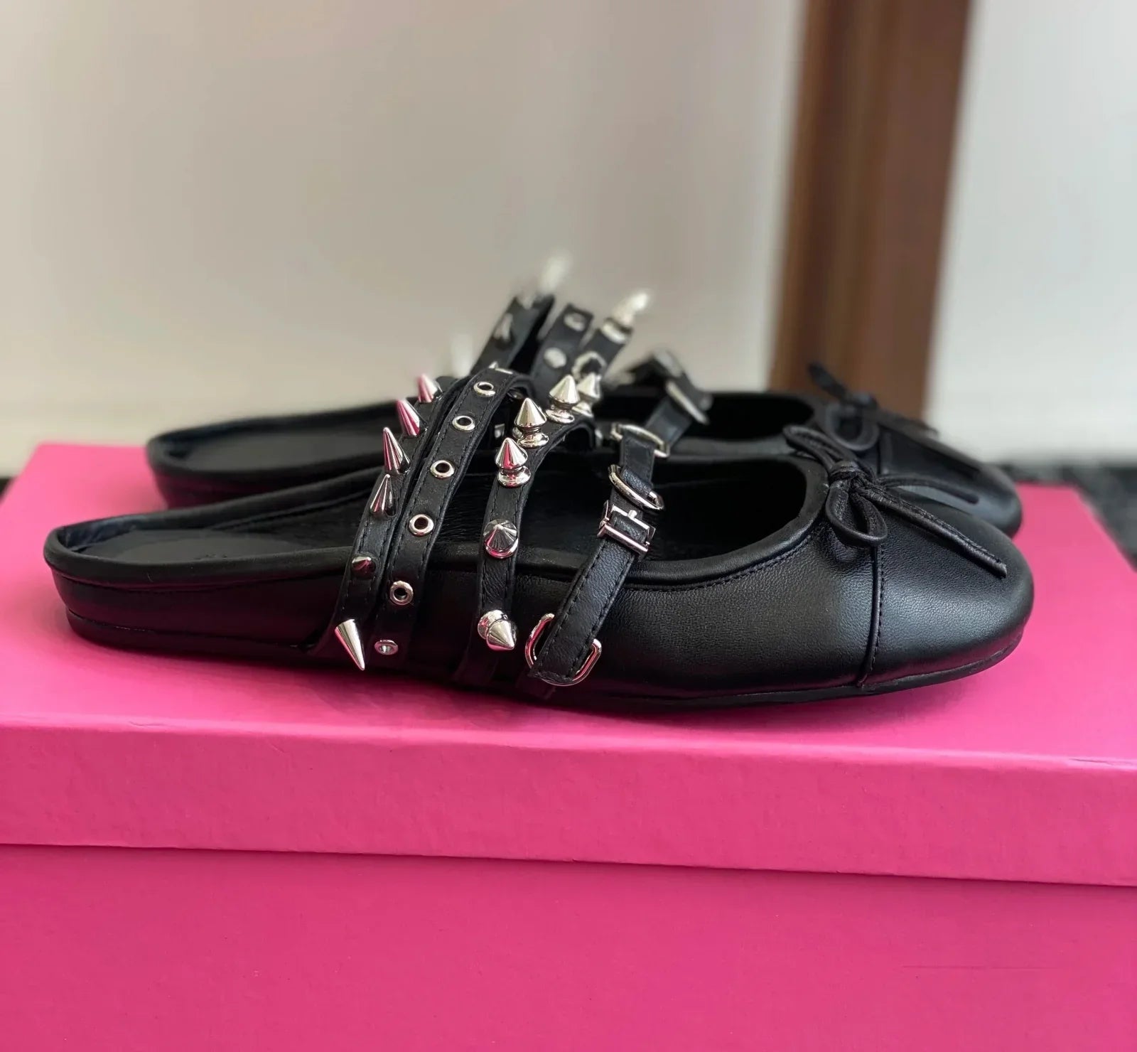 Women’s Spike Ballerina Flats – Genuine Leather Slip-On Punk Mules - Evallys.com