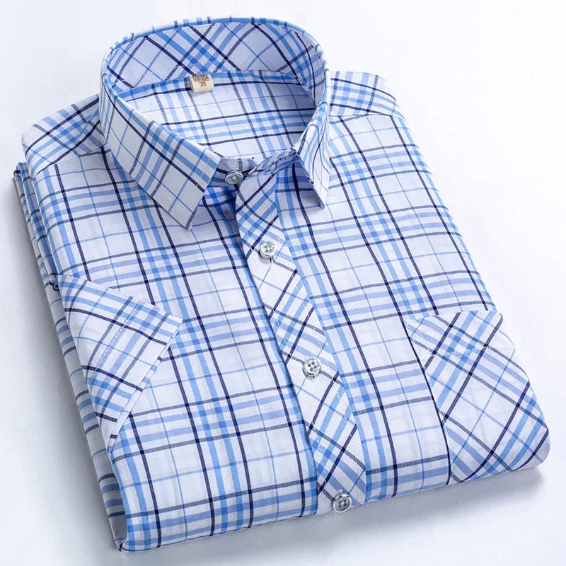 High Quality Men's Plaid Short Sleeve Shirts Business Casual Striped Turn-Down Collar Summer Man Shirt - Evallys.com
