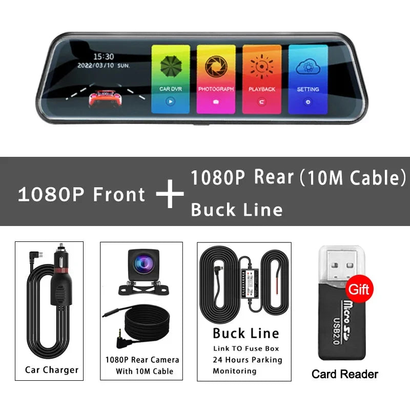 10 Inch Mirror Camera for Car Touch Screen Video Recorder Rearview mirror Dash Cam Front and Rear Camera Mirror DVR Black Box - Evallys.com