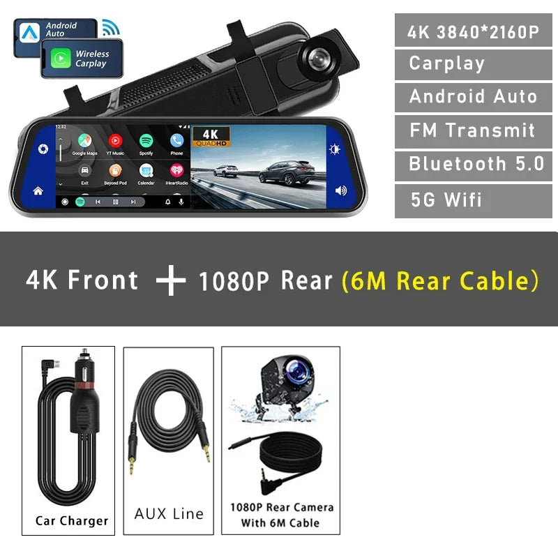 10" Dash Cam 4K 3840*2160P Car Dvr Carplay Android Auto GPS 5G WIFI AUX Stream RearView Mirror Dashcam Camera Drive Recorder FM - Evallys.com