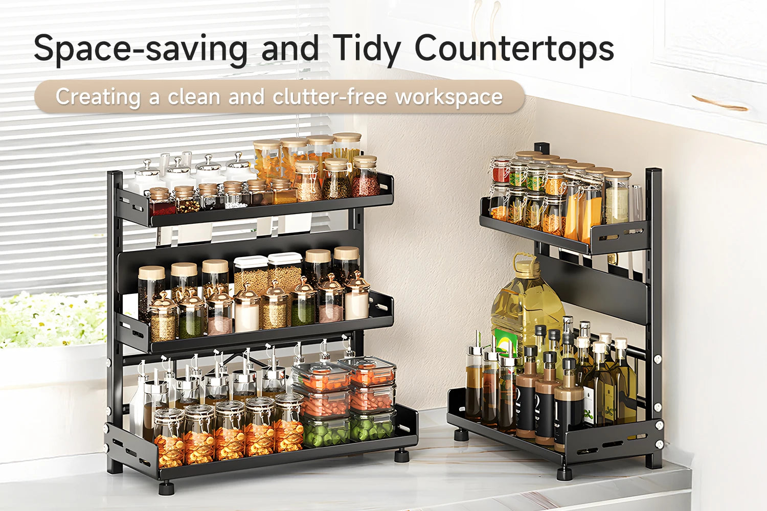 1pc Multi-Tier Spice Rack, Space-Saving Kitchen Countertop Organizer for Seasoning Jar Storage, Adjustable Shelves, Versatile Ki
