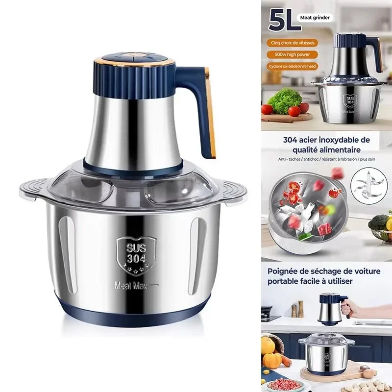 Electric Meat Grinders 5L Food Crusher Stainless Steel Multifunctional Vegetable Slicer Processor Chopper Kitchen Blenders - Evallys.com
