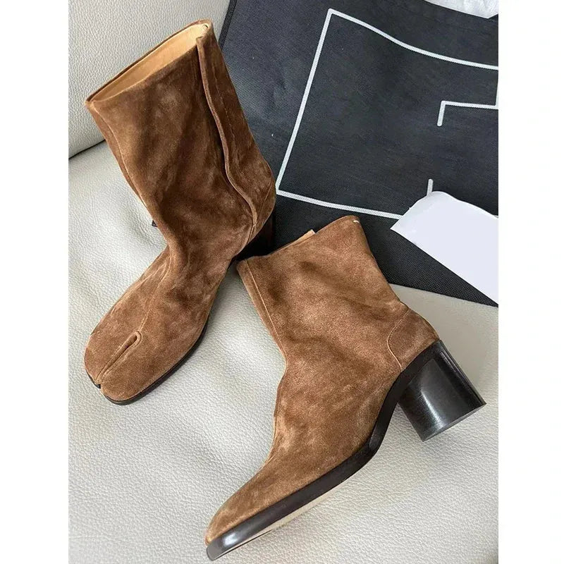2024 Autumn Winter Soft Leather Split toe Tabi Women Ankle Boots Fashion Thick High heels Chunky Shoes Ins Style Short Booties - Evallys.com