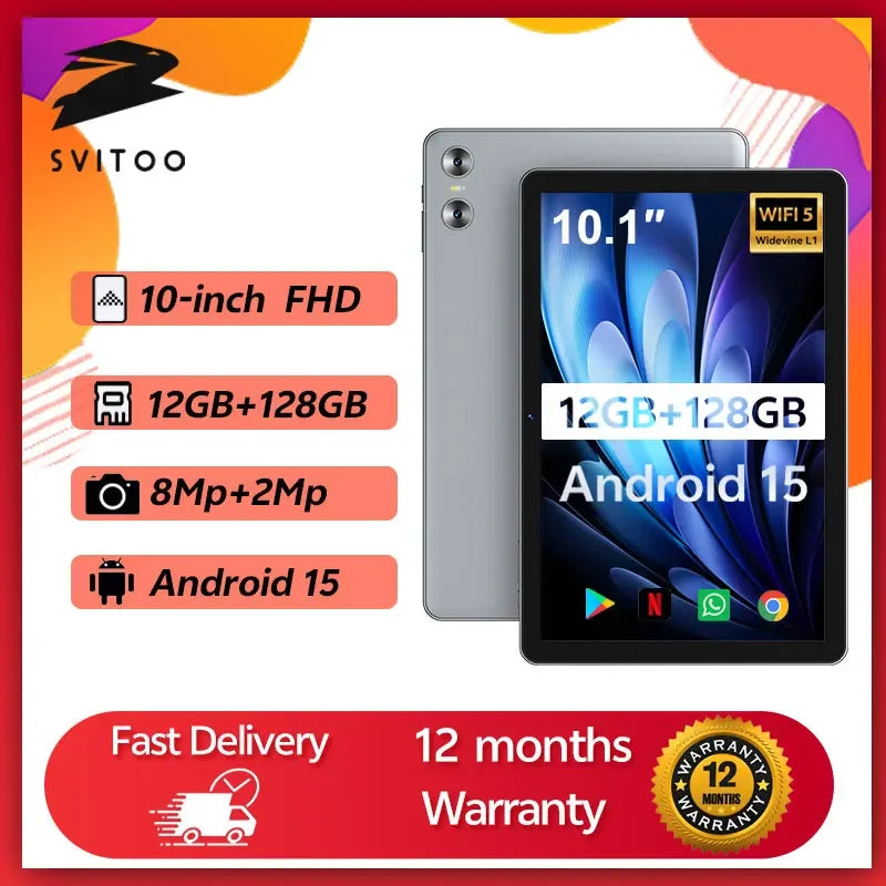 SVITOO 10.1" 2025 Tablet Android 15 8-core 12GB RAM 128GB ROM 6000mAh Type-C Face Unlock Tablets for office study Android Tablet - Evallys.com