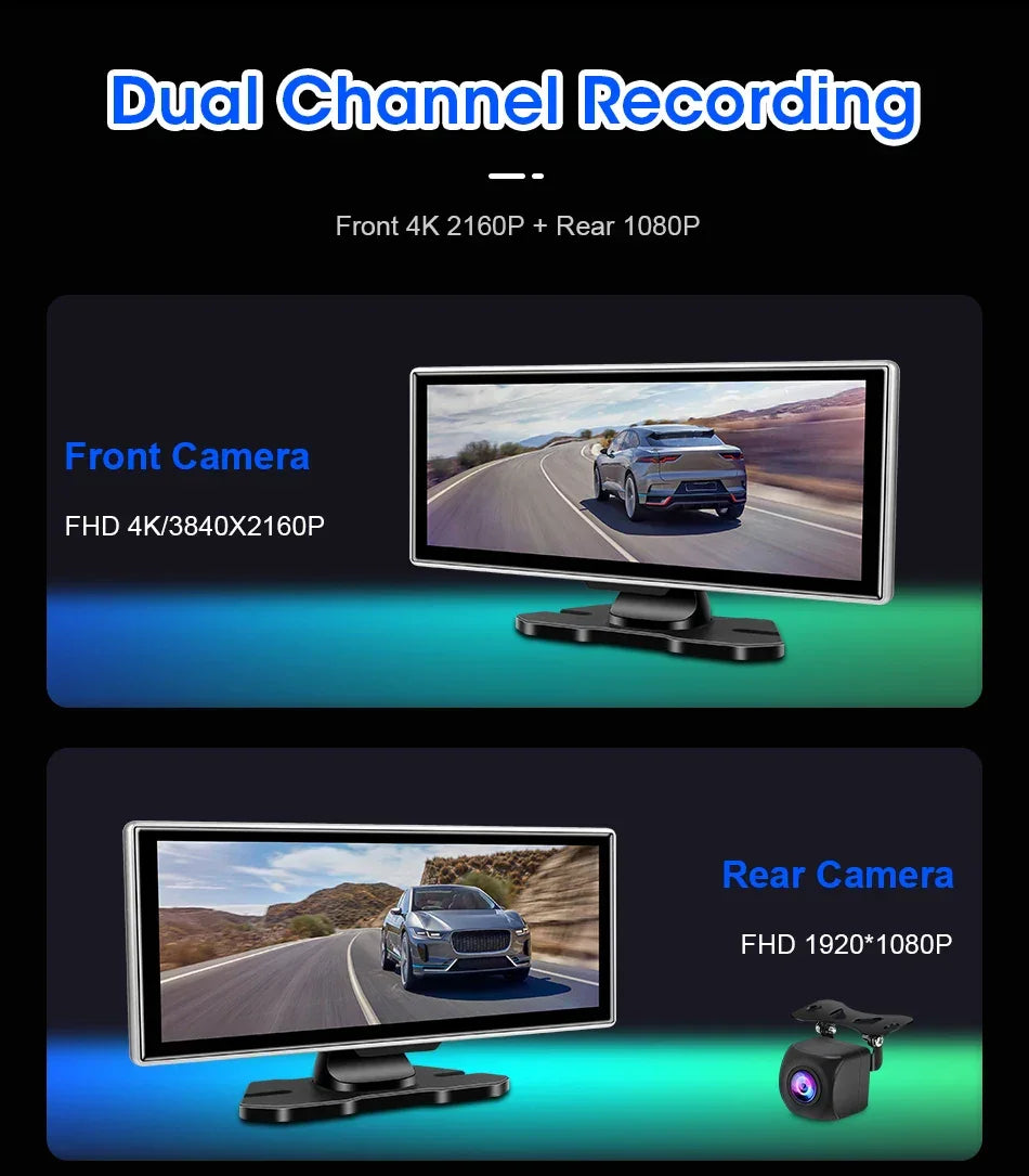 11.26 inch Car DVR 4K Dash Cam Dual Lens Wireless Carplay & Android Auto Video Recorder Monitor GPS Navigation 5G Wifi FM AUX - Evallys.com