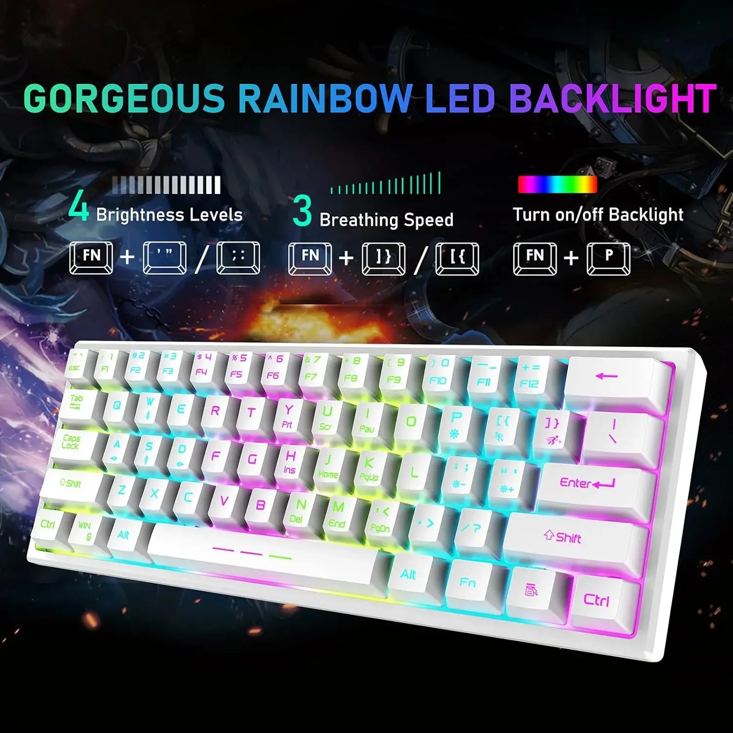 T61 Wireless Gaming Keyboard and Mouse Combo, Ergonomic 61 Key Rainbow LED Backlight Rechargeable 4000mAh Battery Mouse Pad - Evallys.com