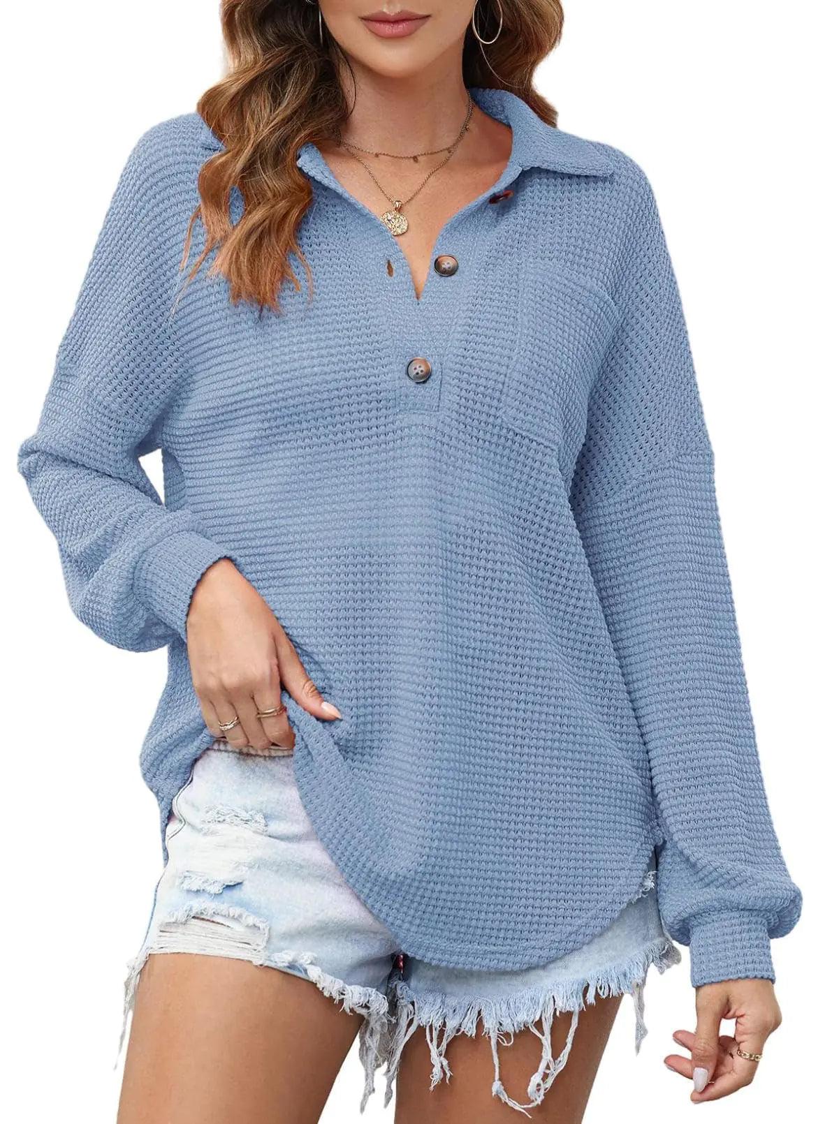 Astylish Women Waffle Knit Tops Henley Shirts Long Sleeve V Neck Solid Color Casual Tunics Large X Sky Blue - Evallys.com # #