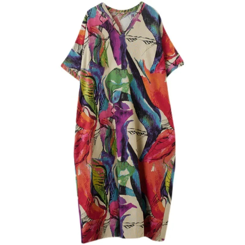 Oversized Cotton Linen Floral Maxi Dress – Vintage Boho Summer Wear - Evallys.com