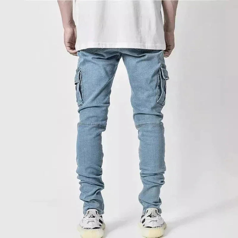 Men Street Elastic Denim Jeans Wash Solid Color Multi Pockets Cargo Pants Casual Slim Fit Daily Wear Joggers Mid Waist Trousers - Evallys.com