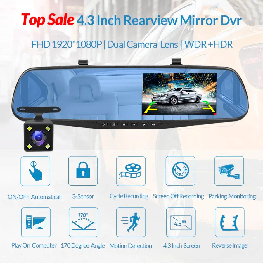 Dashcam 4.3Inch 1080P IPS Car DVR Driving Recorder Rearview Mirror Dual Lens Car Recorder Front and Rear Black Box - Evallys.com