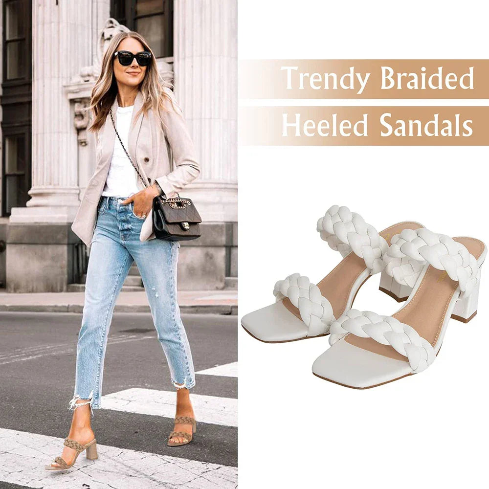 Elegant Women's Braided Heels Sandalias Fashion Strappy Square Sandals Open Toe Backless Mules Slip On Block Heeled Shoes - Evallys.com