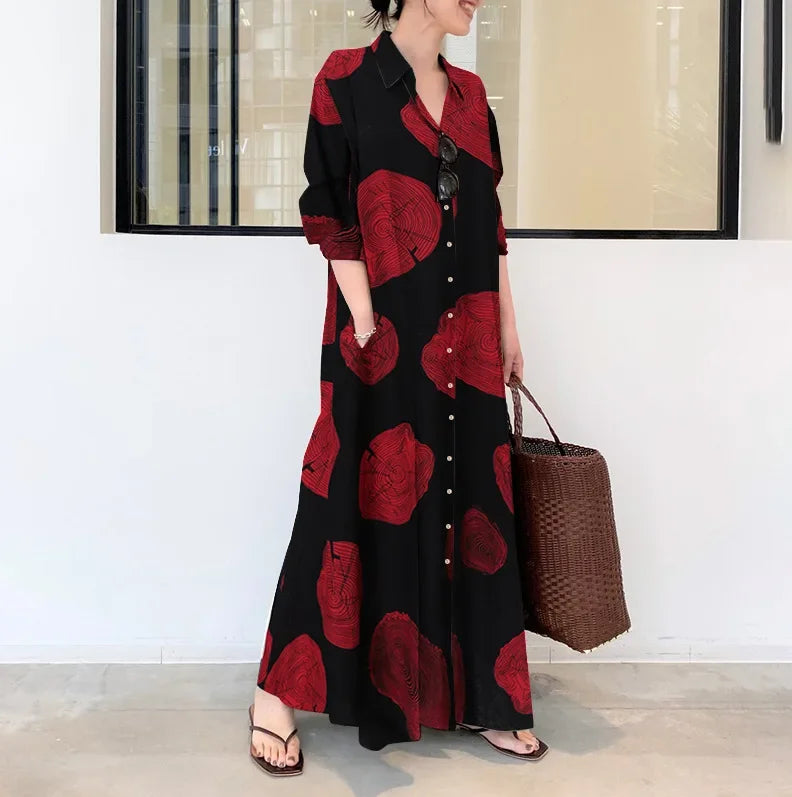 Vintage Cotton Linen Shirt Dress Women’s Autumn Long Maxi Robe - Evallys.com