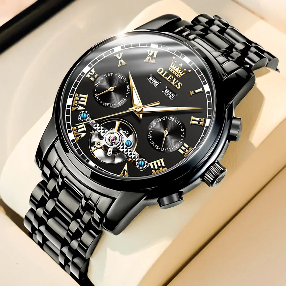 OLEVS Men's Watches Automatic Mechanical Business Wristwatch Waterproof Stainless Steel Strap Watch for Man Skeleton Calendar - Evallys.com