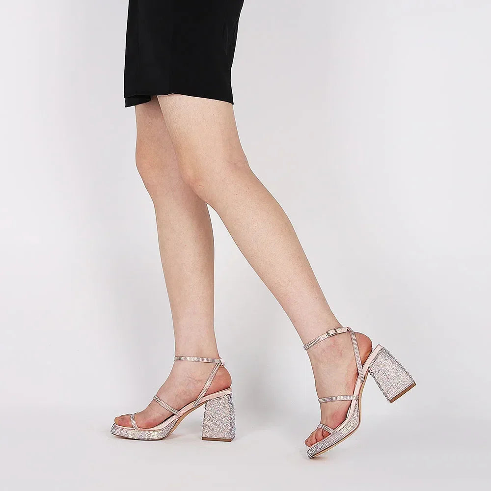 GIGIFOX Shiny Crystals Women Sandals Platform Chunky High Heel Ankle Strap Buckle Strap Shoes Sexy Elegant Dress Party Sandals - Evallys.com
