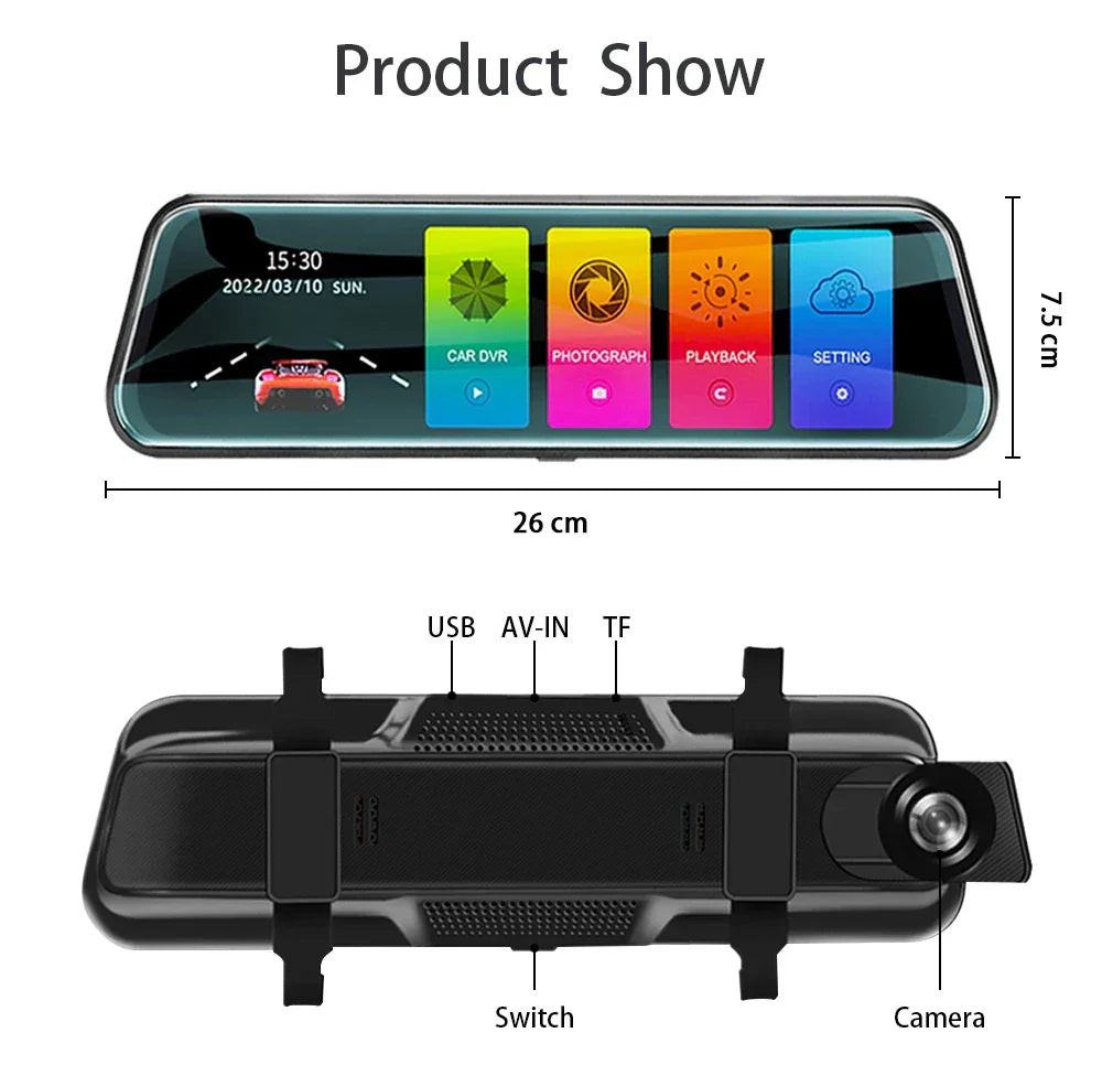 10 Inch Mirror Camera for Car Touch Screen Video Recorder Rearview mirror Dash Cam Front and Rear Camera Mirror DVR Black Box - Evallys.com
