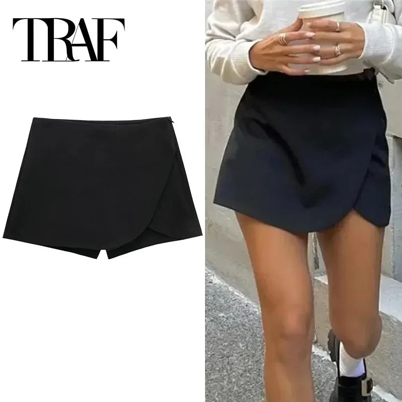TRAF Asymmetrical Skort – High Waist Black Mini Skirt Shorts - Evallys.com