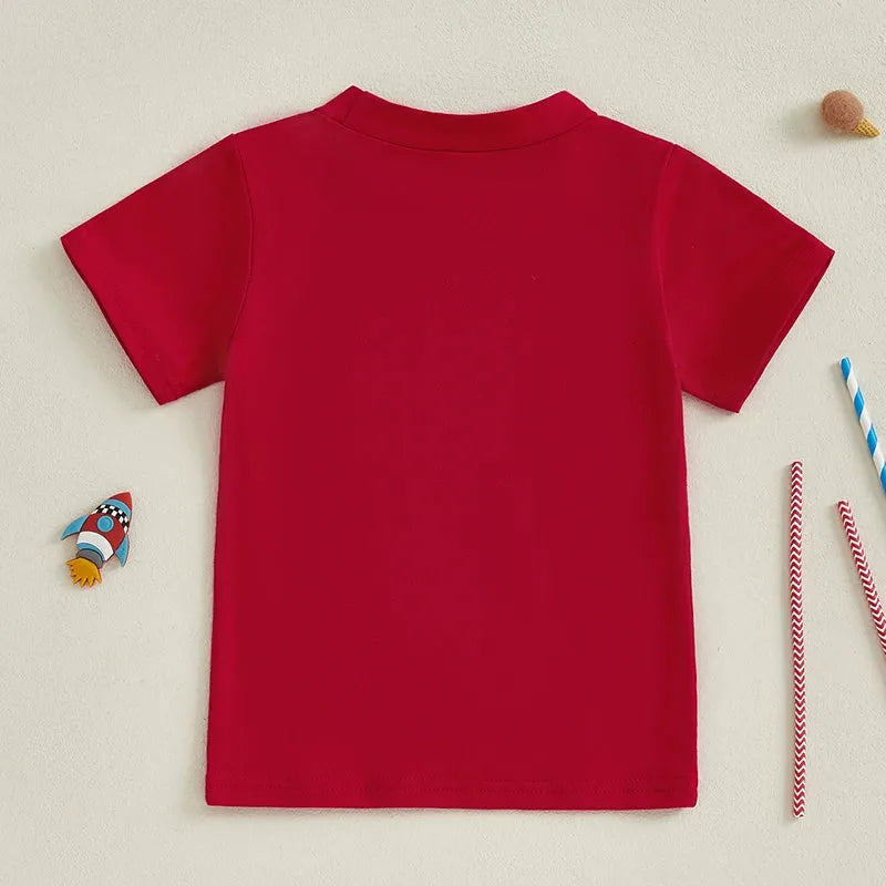 Independence Day Kids T-Shirt with USA Flag Embroidery Patriotic Short Sleeve Tee for Boys Loose Fit Summer Top - Evallys.com