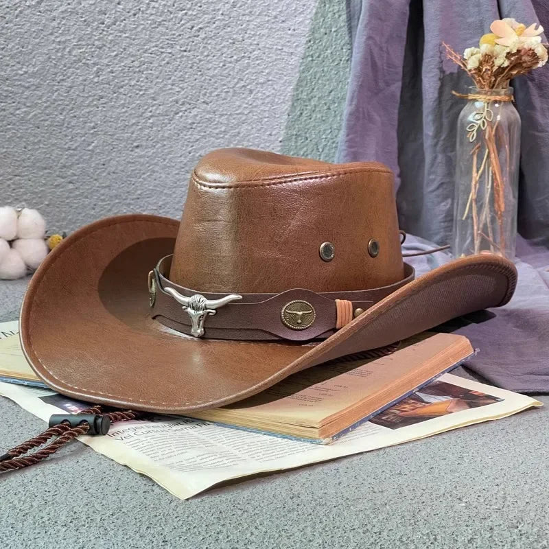 Faux Leather Cowboy Hat – Vintage Unisex Western Jazz Dress Cap - Evallys.com