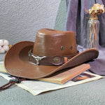 Faux Leather Cowboy Hat – Vintage Unisex Western Jazz Dress Cap - Evallys.com