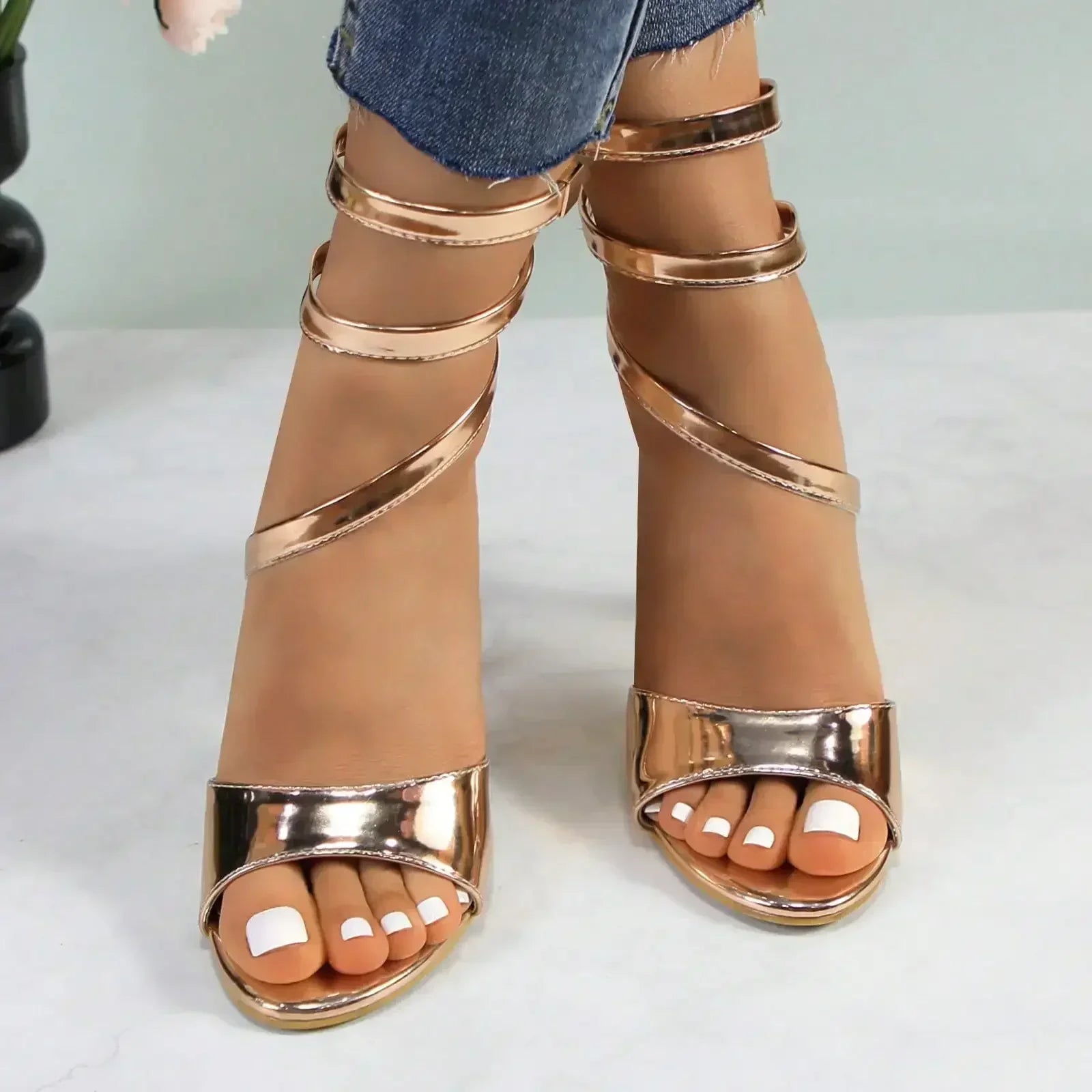 GLAZE Women's Strappy Gold Stilettos - Lace-Up Ankle Wrap Heels with Cushioned Insole for Parties & Formal Events - Evallys.com