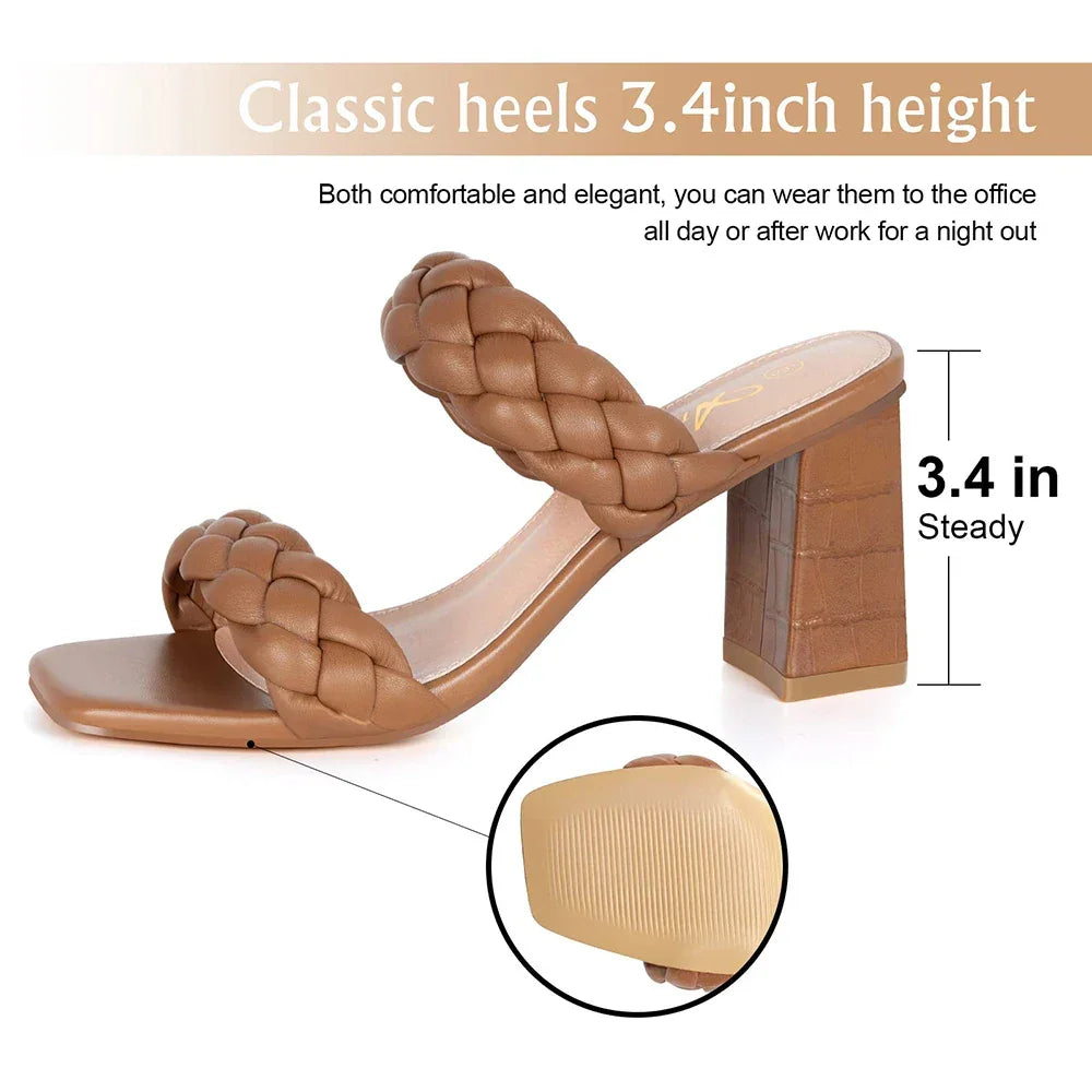 Elegant Women's Braided Heels Sandalias Fashion Strappy Square Sandals Open Toe Backless Mules Slip On Block Heeled Shoes - Evallys.com