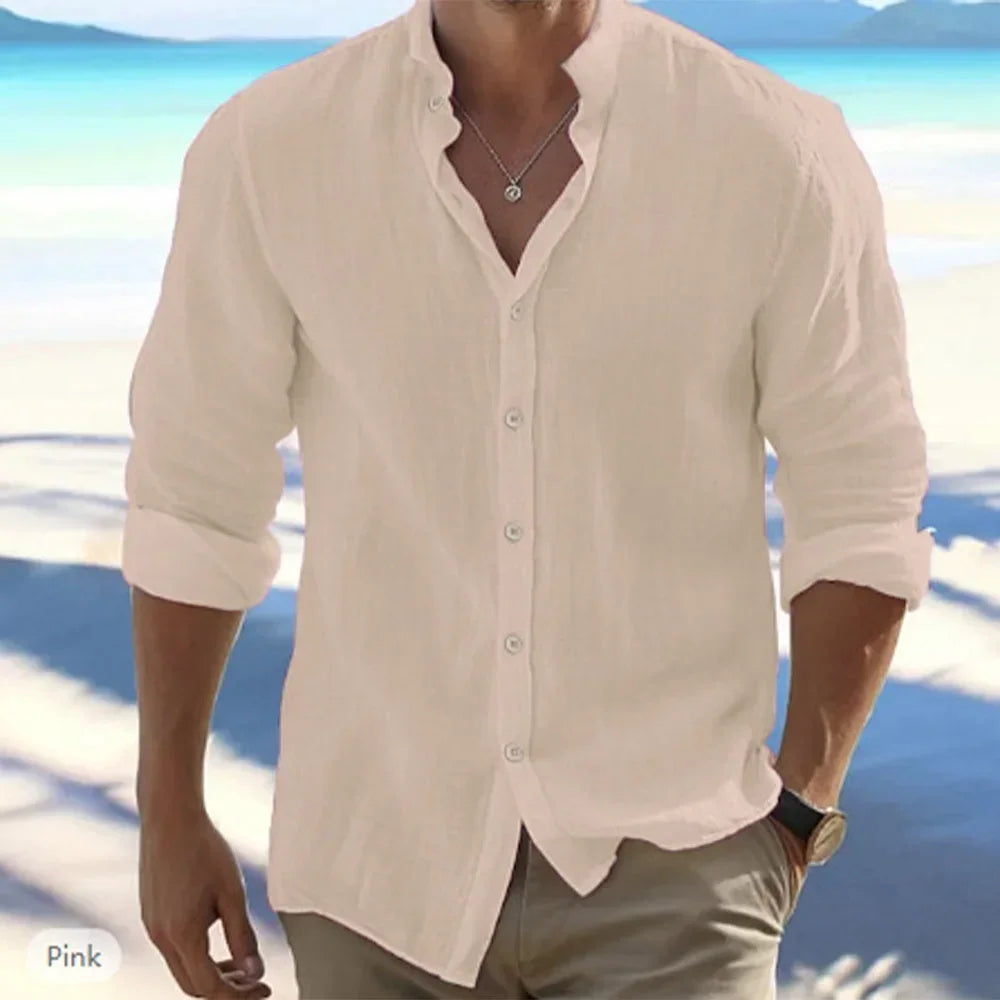 Men's Long-Sleeved Cotton Linen Summer Hot Sale Beach Style Shirts Solid Color Casual Versatile Stand-Up Collar Shirt Male Top - Evallys.com