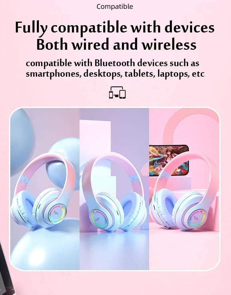 RGB Bluetooth Wireless Headphones For Girls Children's Headset with Microphone Support SD Card HIFi Stereo Gaming Earphone - Evallys.com
