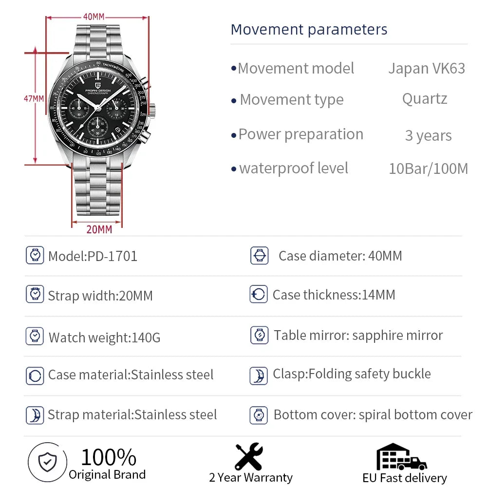 PAGANI DESIGN 2024 New Men's Watches Top Luxury Quartz Watch For Men Auto Date Speed Chronograph AR Sapphire Mirror Wrist watch - Evallys.com