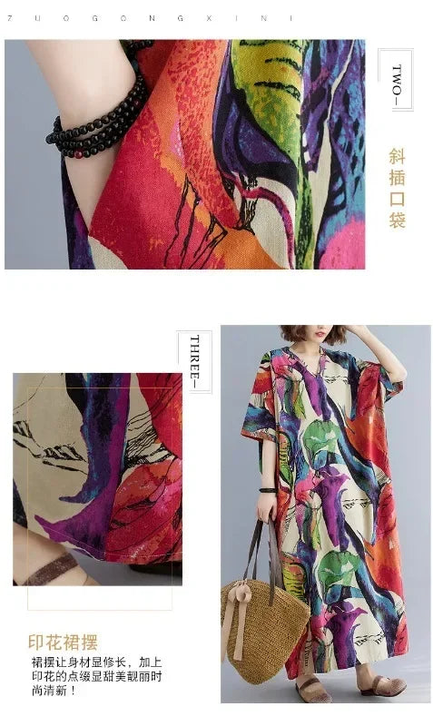 Vintage Cotton Summer Maxi Dress – Harajuku Floral Beachwear - Evallys.com