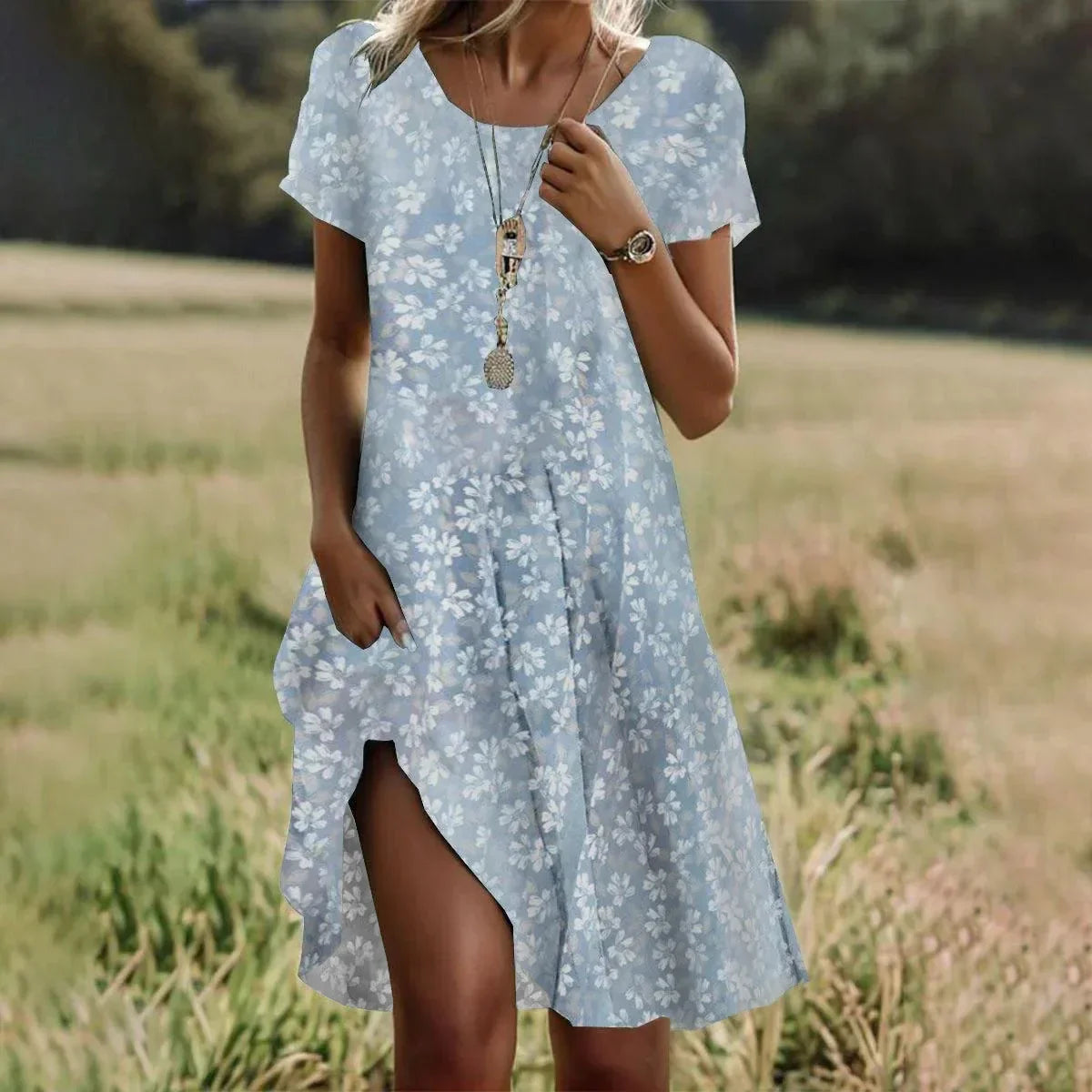 Ethnic Print O-Neck Midi Dress – Summer Casual Beach Vacation Wear - Evallys.com