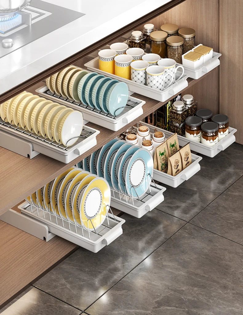 Kitchen Pull Out Dish Racks With Drainboard Drawer Storage Sliding Mesh Cabinet Basket for Accessorie Pull Out Cabinet Organizer