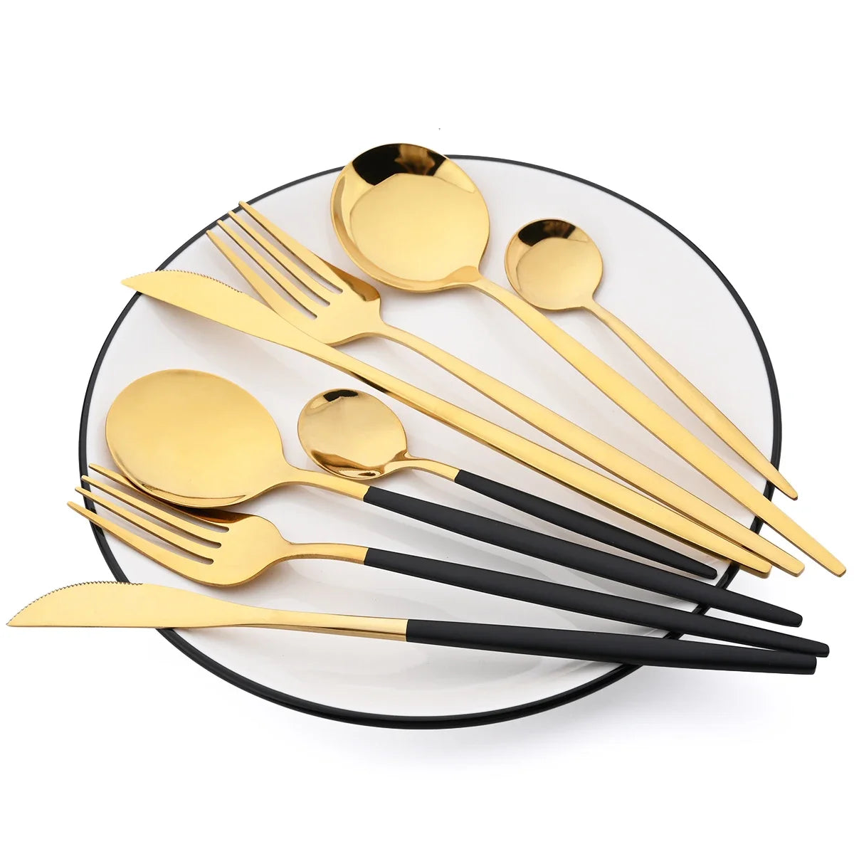 48pcs Black Gold Cutlery Set Knife Fork Coffee Spoon Dinnerware Stainless Steel Tableware Flatware Western Kitchen Silverware