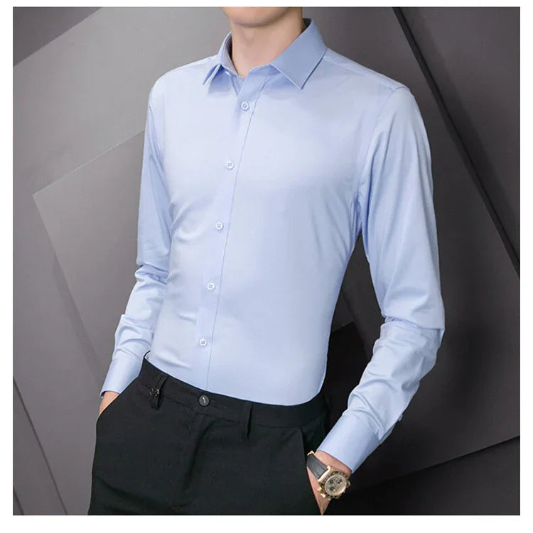 New Plus Size Men Solid Color Business Shirt Fashion Classic Basic Casual Slim White Long Sleeve Shirt Brand Clothes - Evallys.com