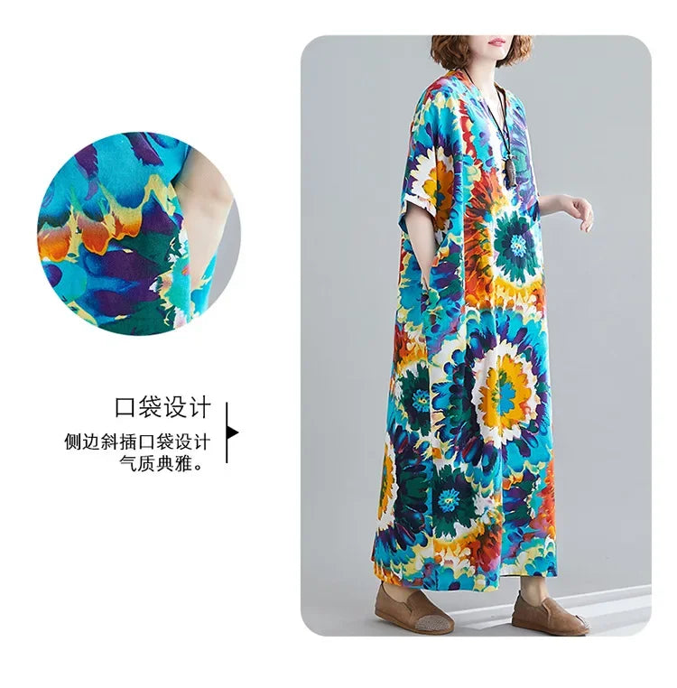 Boho Floral Maxi Dress – Cotton Linen V-Neck Summer Beach Wear - Evallys.com